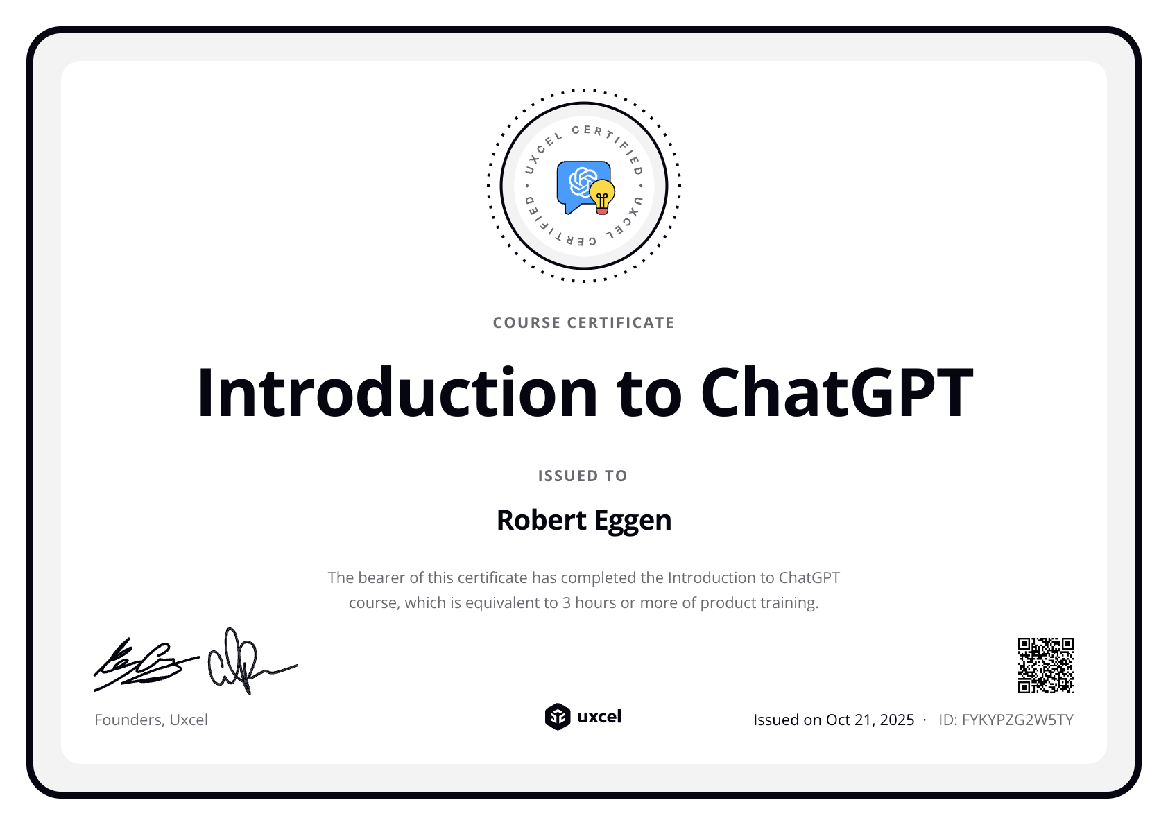 Robert Eggen's certificate